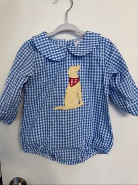 Stitchy Fish 9 month Blue Gingham Puppy Appliqué Kids bubble